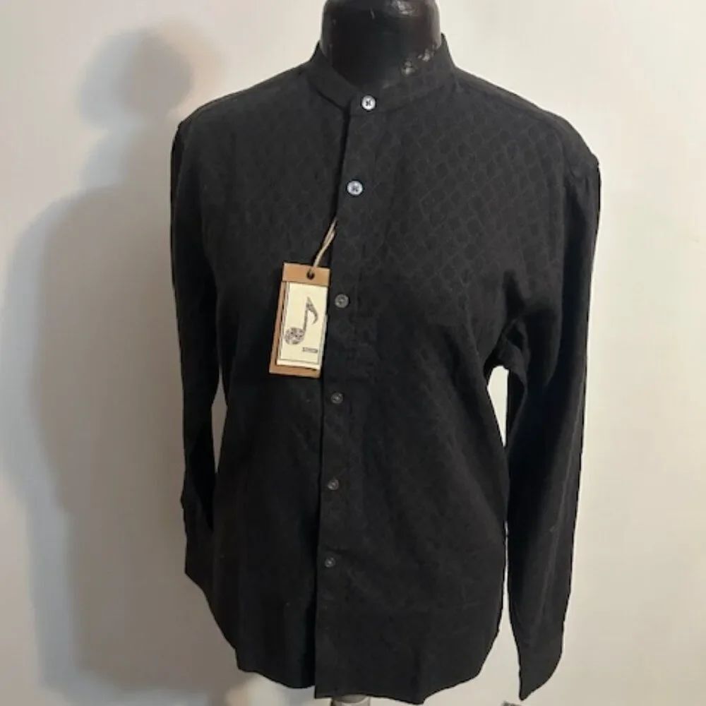 Stitch Note Black mandarin collar texture patterned shirt, size S
